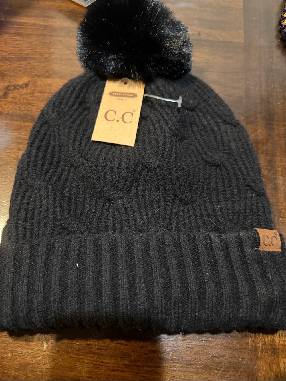 C.C Black Knit Beanie with Faux Fur Pom